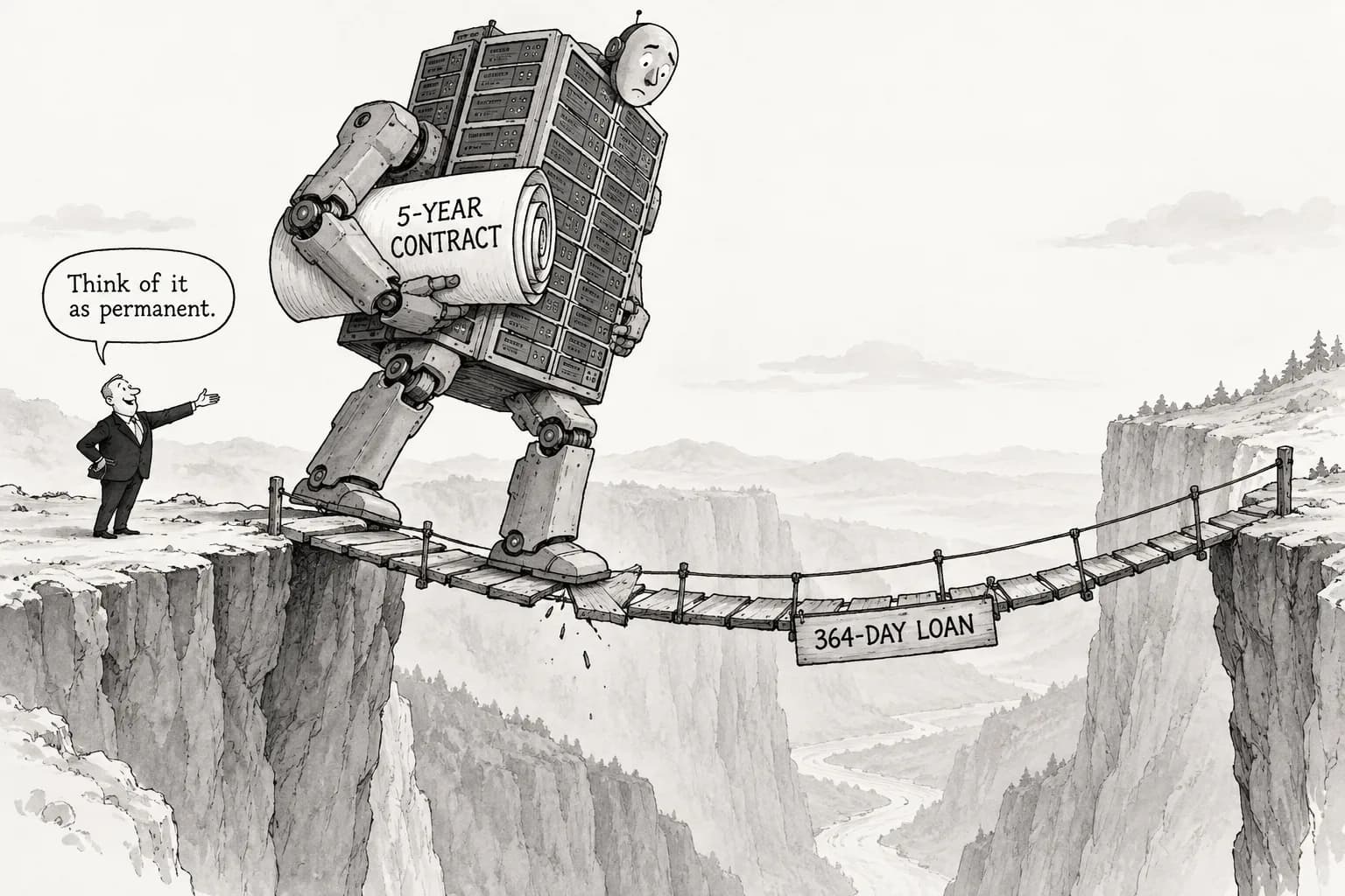 Editorial cartoon: AI credit tightens and bridge debt grows: Nebius gets a 364-day, $3.5 billion loan from Citi, Marvell and TeraWulf expand credit lines, and CoreWeave's price target is cut to $70