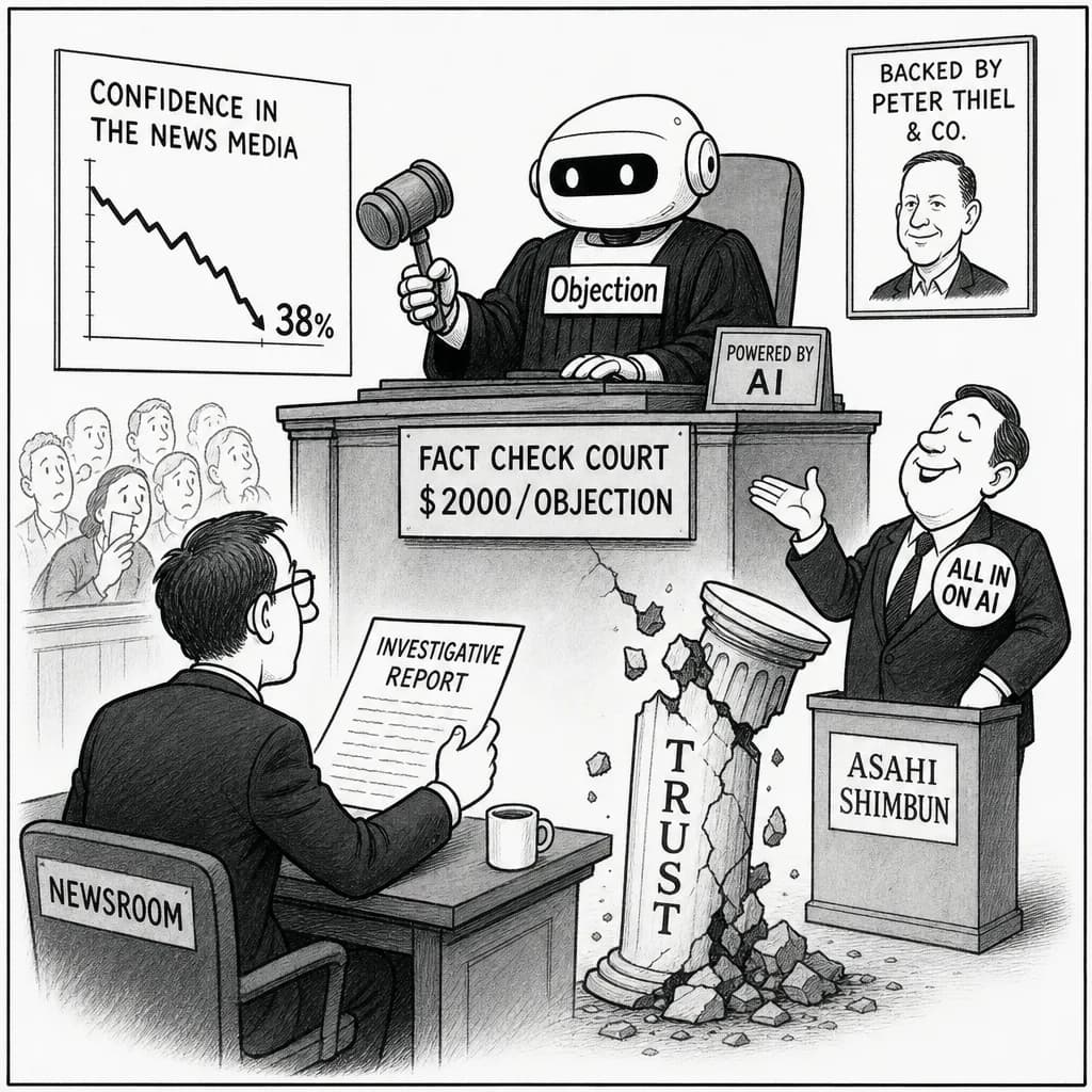 風刺画: AIが審査官になる時代――「Objection」1件2000ドルの異議申し立てと、揺らぐジャーナリズムの信頼