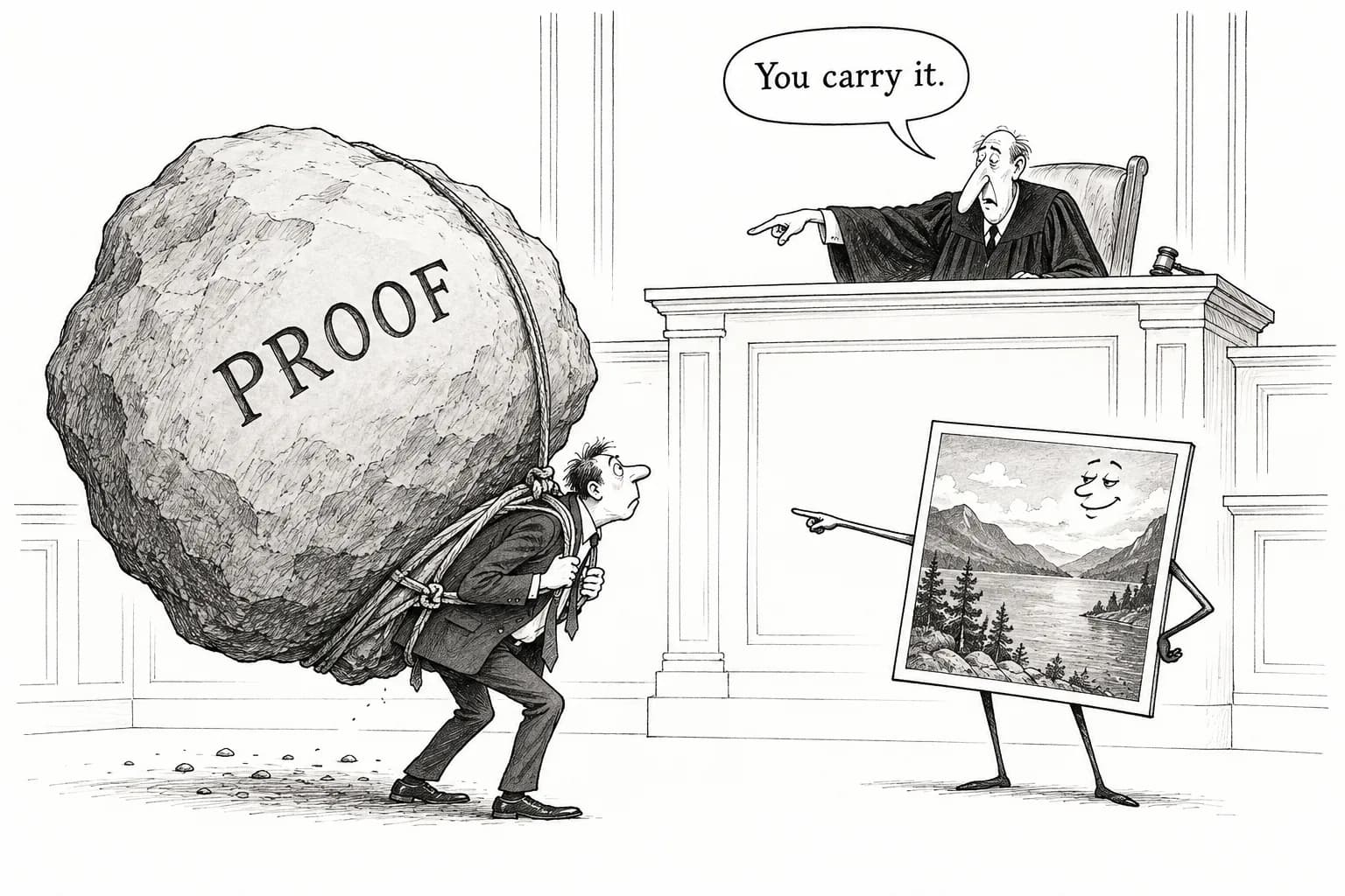 Editorial cartoon: OpenAI lawyer reportedly tells US judicial panel there will be no scientific way to detect AI images, shifting debate to who bears the burden of proof, though only 15 of 931 judges have seen evidence challenged as fake