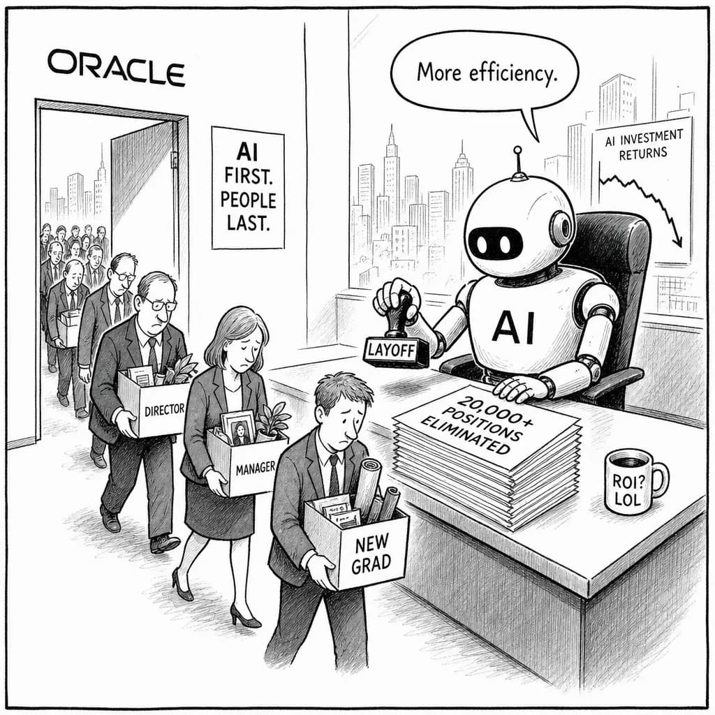 風刺画: AI導入でホワイトカラー大量失業時代が到来、Oracle等大手企業が2万人超削減へ
