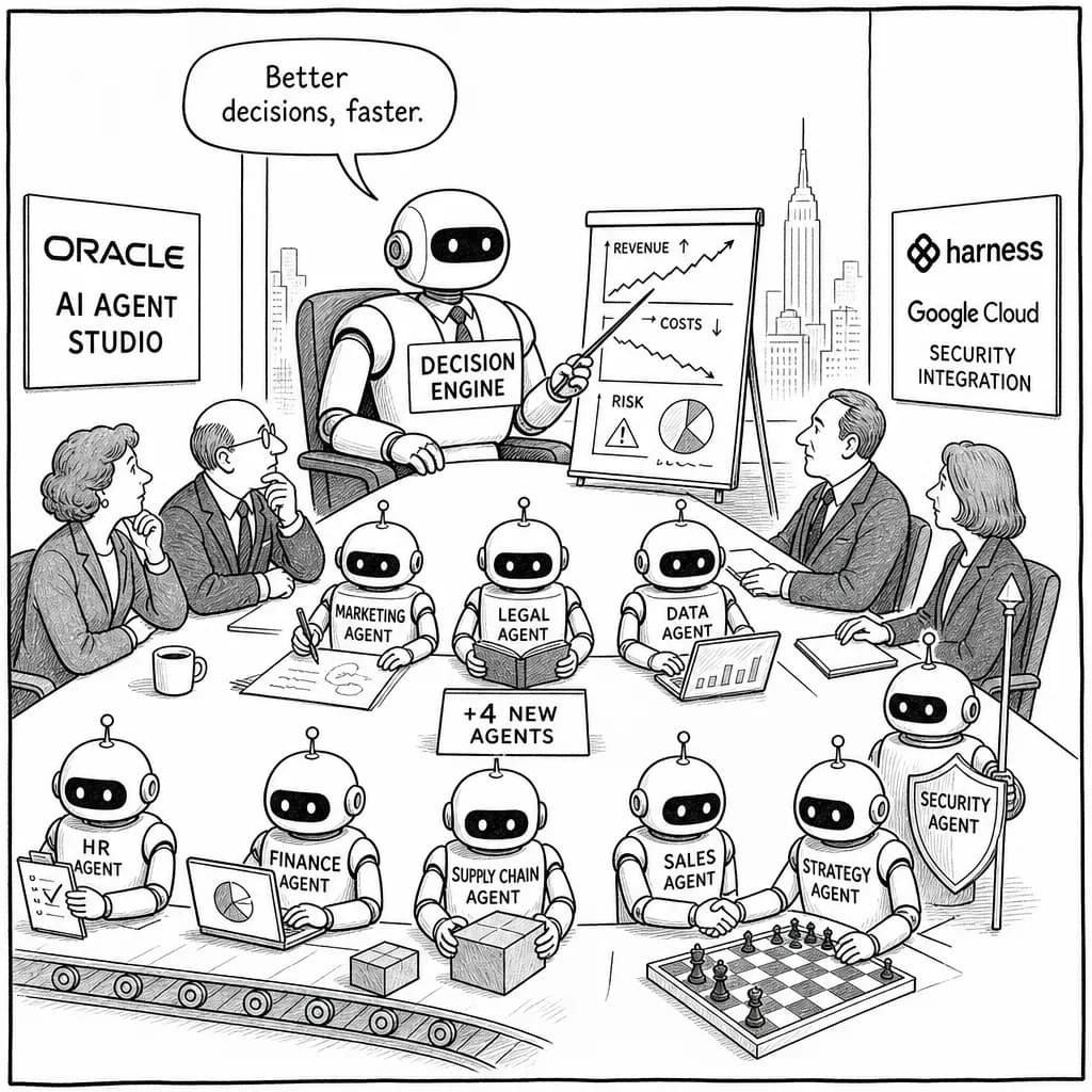 風刺画: AIエージェント、単純作業から経営判断へ——Oracle・Harnessが示す2026年夏の実装最前線