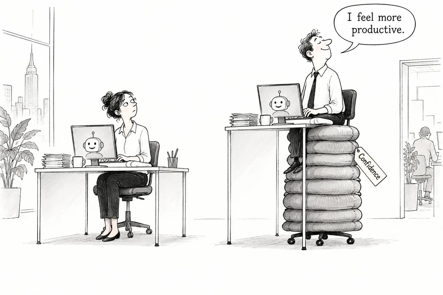 Editorial cartoon: Gender gap in AI chatbot use has nearly closed, Pew finds, but men still lead in daily use (27% vs. 20%), confidence (22% vs. 15%) and feeling more productive at work (35% vs. 25%)