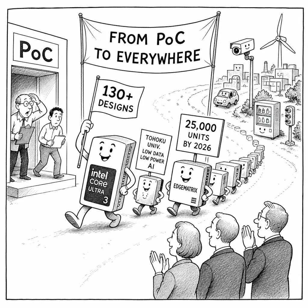 風刺画: エッジAI推論デバイス、「PoCから実装へ」——インテル130件超の設計案件、東北大の省電力技術、国産Edge AI Box出荷2.5万台見通し