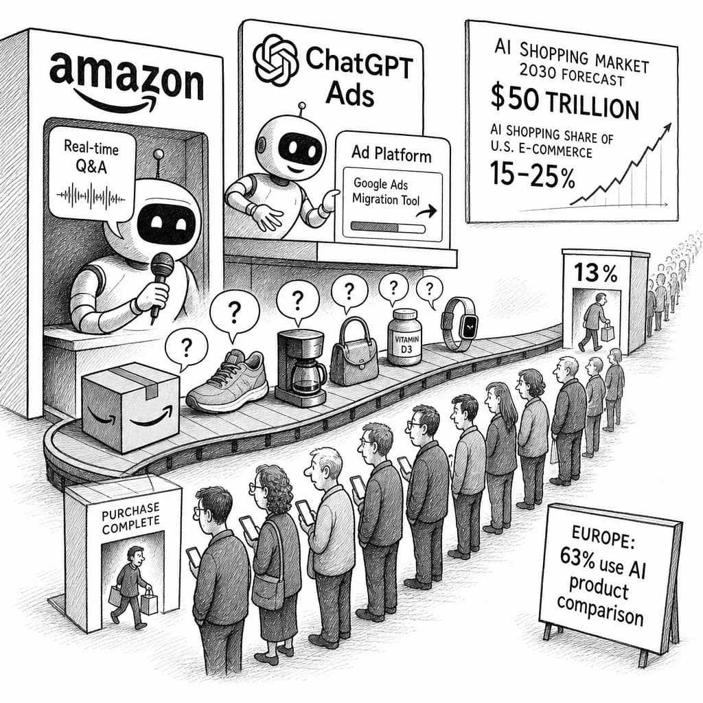 風刺画: AI購買体験革命:アマゾンがQ&A機能、ChatGPT広告が本格始動で2030年には50兆円市場予測