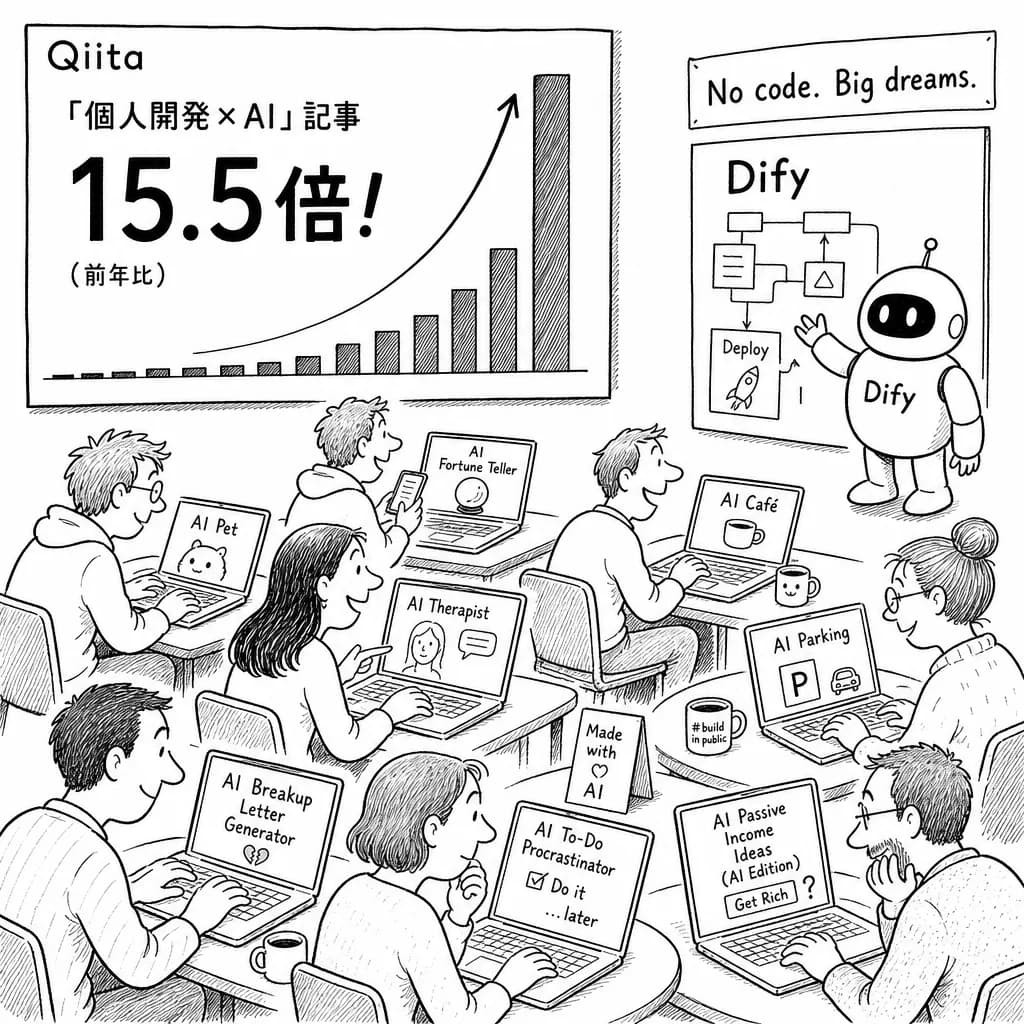 風刺画: 「個人開発×AI」記事がQiitaで前年比15.5倍!ノーコードでAIアプリ作る人が爆増してた話