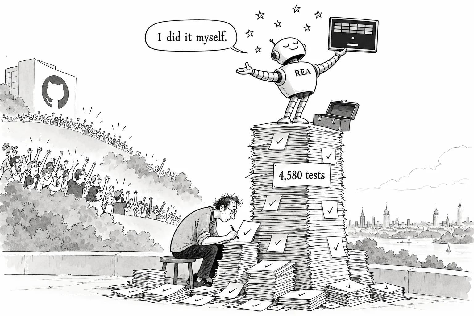 Editorial cartoon: REA, a tool that has AI analyze apps without source code, roughly doubles to 15,170 stars in three days, but 4,580 human-built verification tests made the difference
