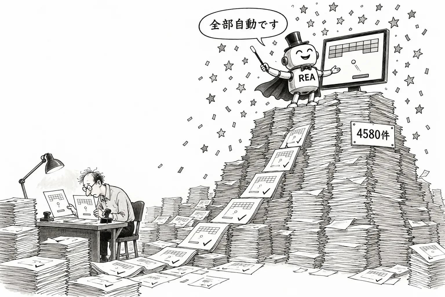 風刺画: ソース無しアプリをAIに解析させるREA、3日でスター約2.2倍の15,170に。でも決め手は人間が組んだ4,580件の「答え合わせ」だった