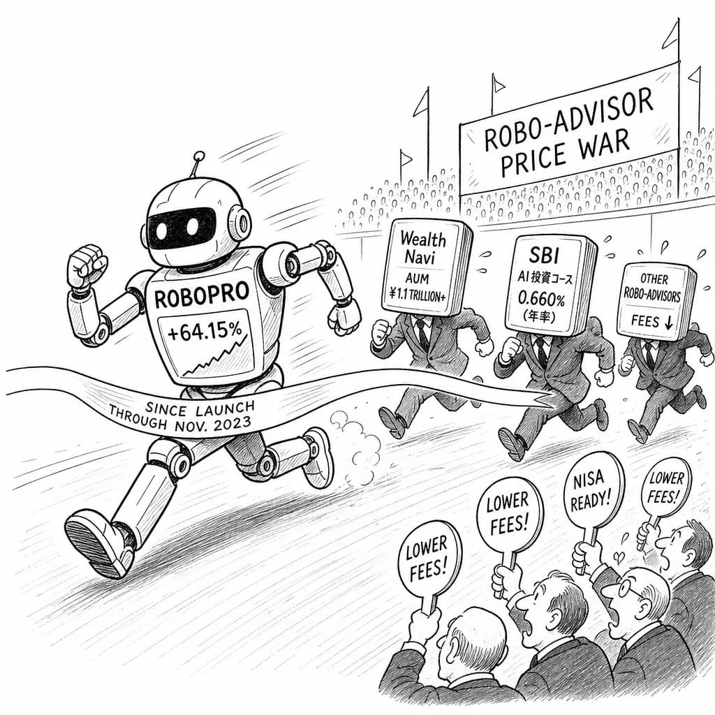 風刺画: AI予測型ロボアド「ROBOPRO」公開来64.15%上昇——証券各社は手数料引き下げとNISA対応で競争激化