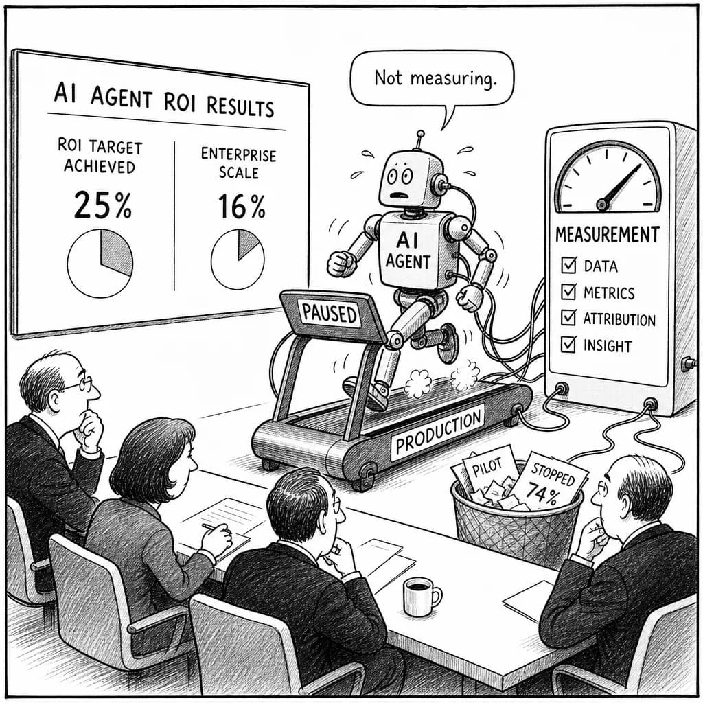 風刺画: AIエージェント導入、ROI達成企業はわずか25%――「測定できる企業」だけが3.5倍のリターンを得る現実