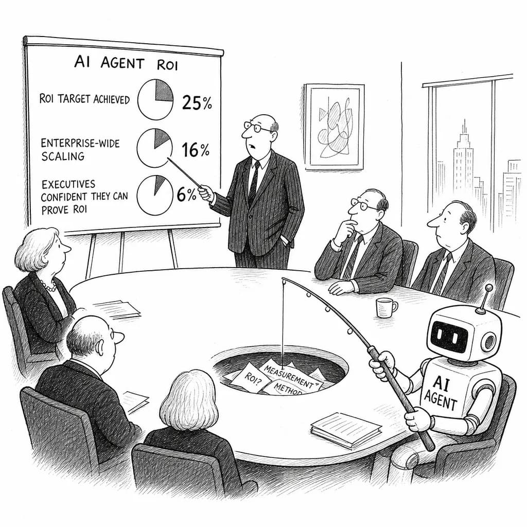 風刺画: AIエージェント導入、ROI「達成」わずか25%——IBM調査で判明、アトラシアンは明確に示せる経営幹部6%と指摘