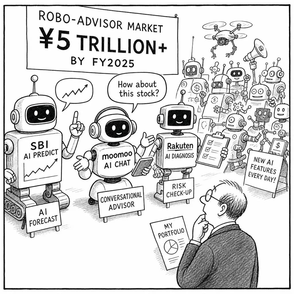 風刺画: ロボアドバイザー、対話型AI搭載が加速――SBI証券・moomoo証券が新機能を続々投入、市場規模5兆円超予測