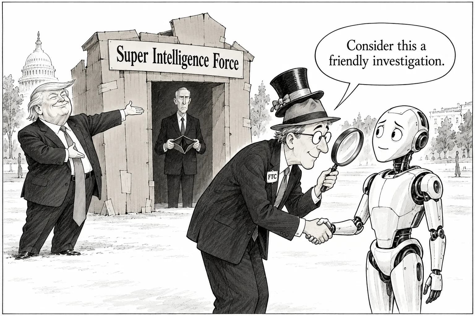Editorial cartoon: Trump reportedly announces AI 'Super Intelligence Force' led by DNI Clayton, with FTC chair as both investigator and industry liaison