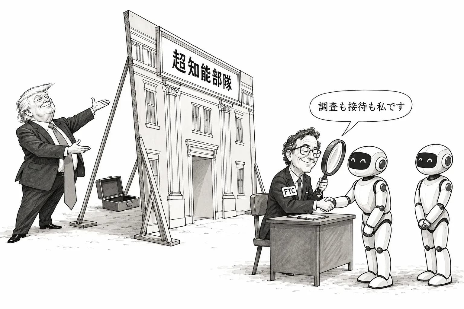 風刺画: トランプ、AI の『Super Intelligence Force』の創設を発表したと報じられる——率いるのは DNI の Clayton、FTC 委員長は調べる側と調整する側を兼ねる