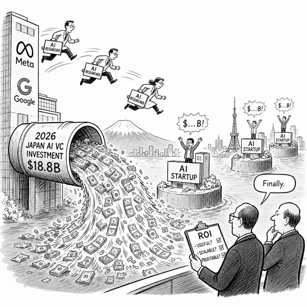 風刺画: 日本のAI VC投資が2026年新局面に:研究者独立ブームと188億ドル規模の資金流入