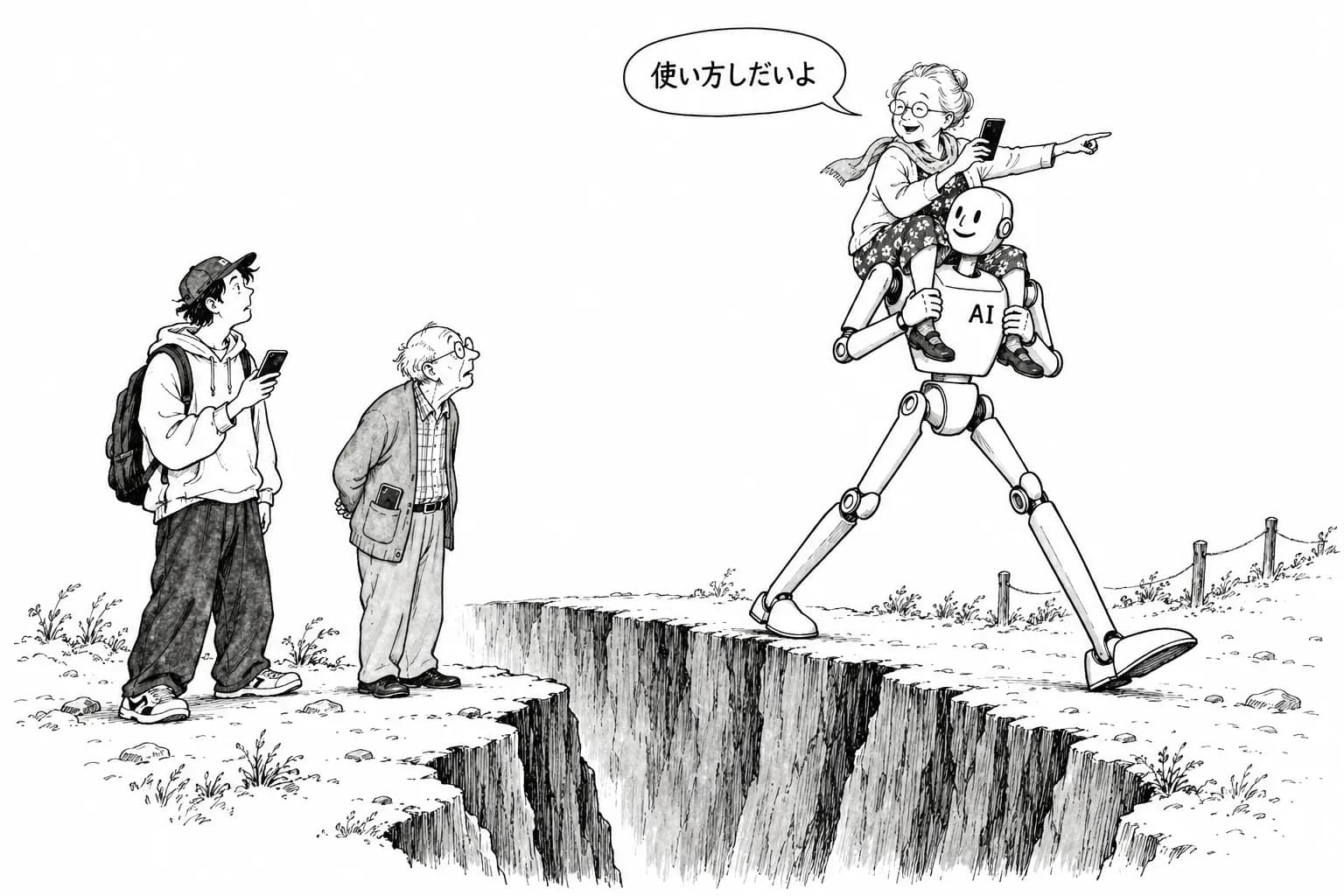 風刺画: AI時代のデジタルデバイド、「高齢者vs若者」から「使いこなし力」の格差へ——70代の57.8%がスマホ未活用、文科省は2026年に危機感表明