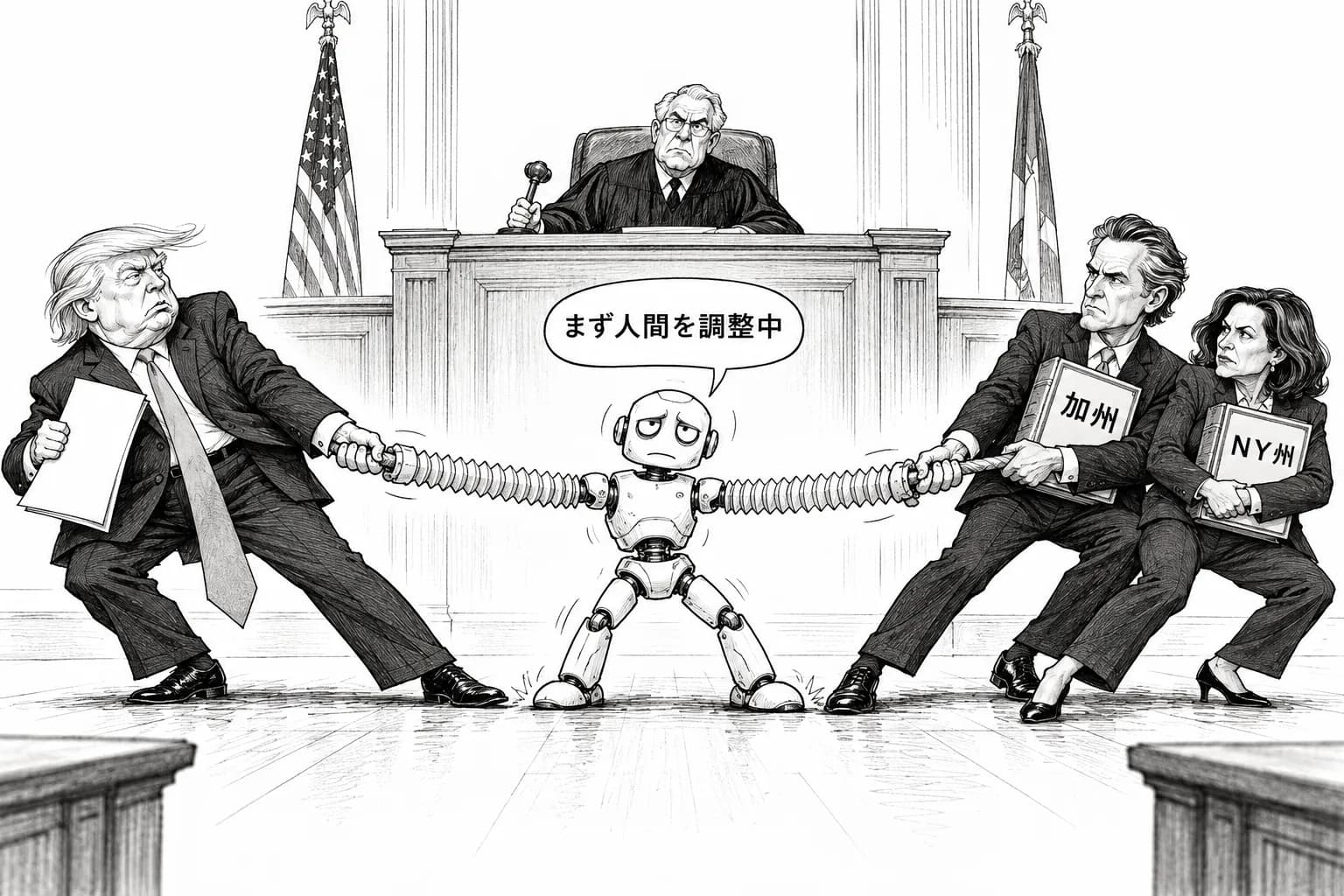 風刺画: 米AI規制、連邦vs州の攻防激化 トランプ大統領令に対抗しカリフォルニア・NY州は独自法で応戦