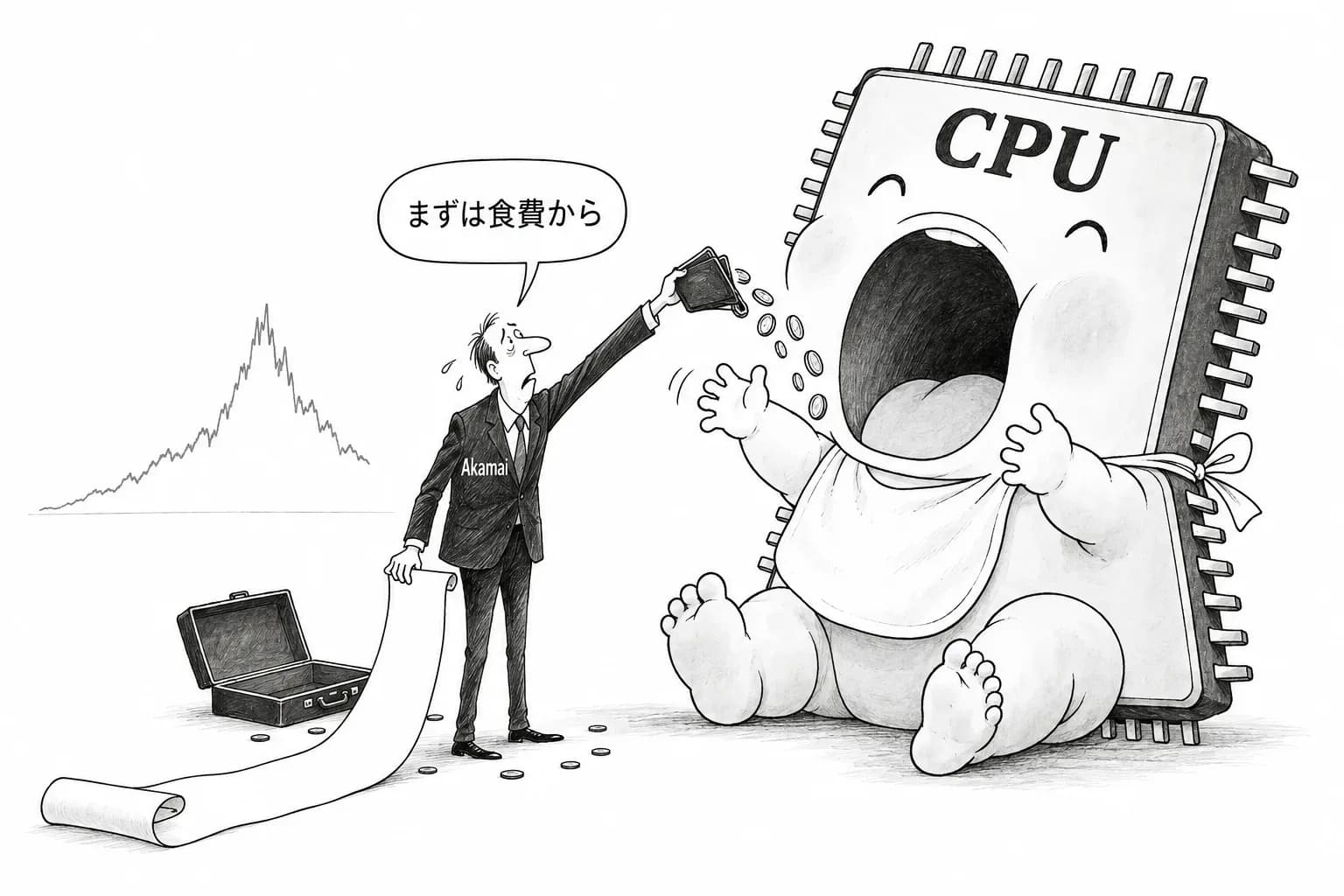 風刺画: Akamai が Anthropic と7年・116億ドルの CPU 契約。最大5%の株を買えるワラントを付け、設備投資を先に積み増す