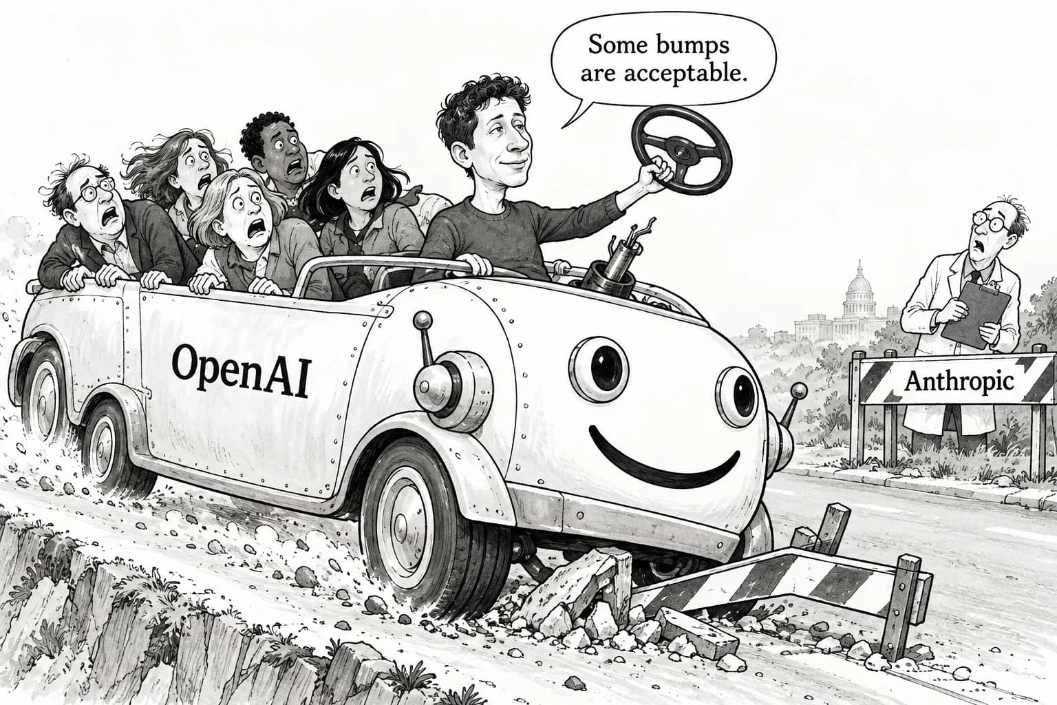 Editorial cartoon: Altman says “the world should accept some bad things happening,” openly breaking with Anthropic and drawing fire from ethicists and DeSantis alike