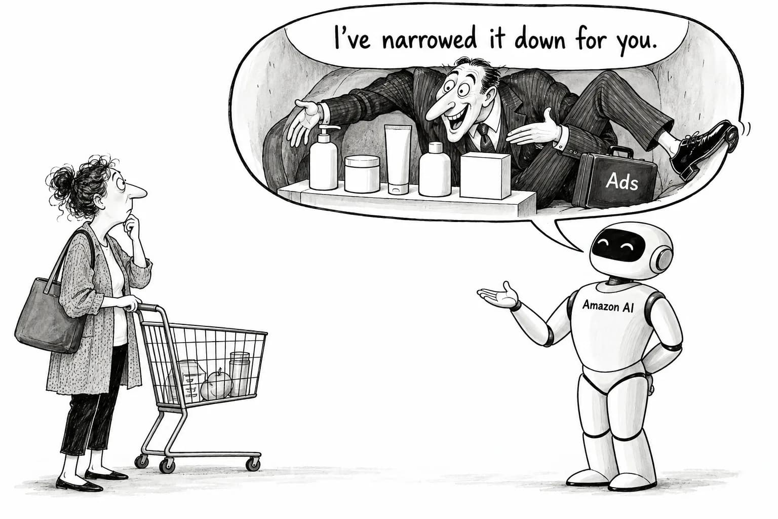 Editorial cartoon: Amazon unveils "Branded Conversations" to put advertiser input into AI shopping answers, moving ad space inside the answer as product candidates reportedly shrink from about 50 to 5