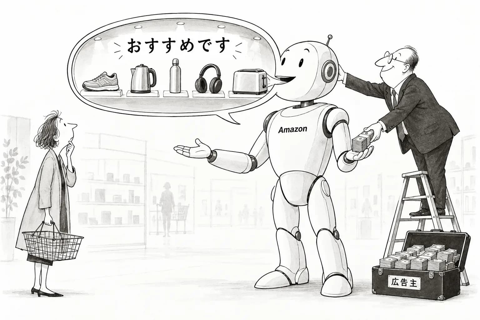 風刺画: Amazon、AI の買い物の答えに広告主の情報を入れる「Branded Conversations」を発表——商品の候補が約50件から5件に減ると報じられるなか、広告枠を答えの中へ移す