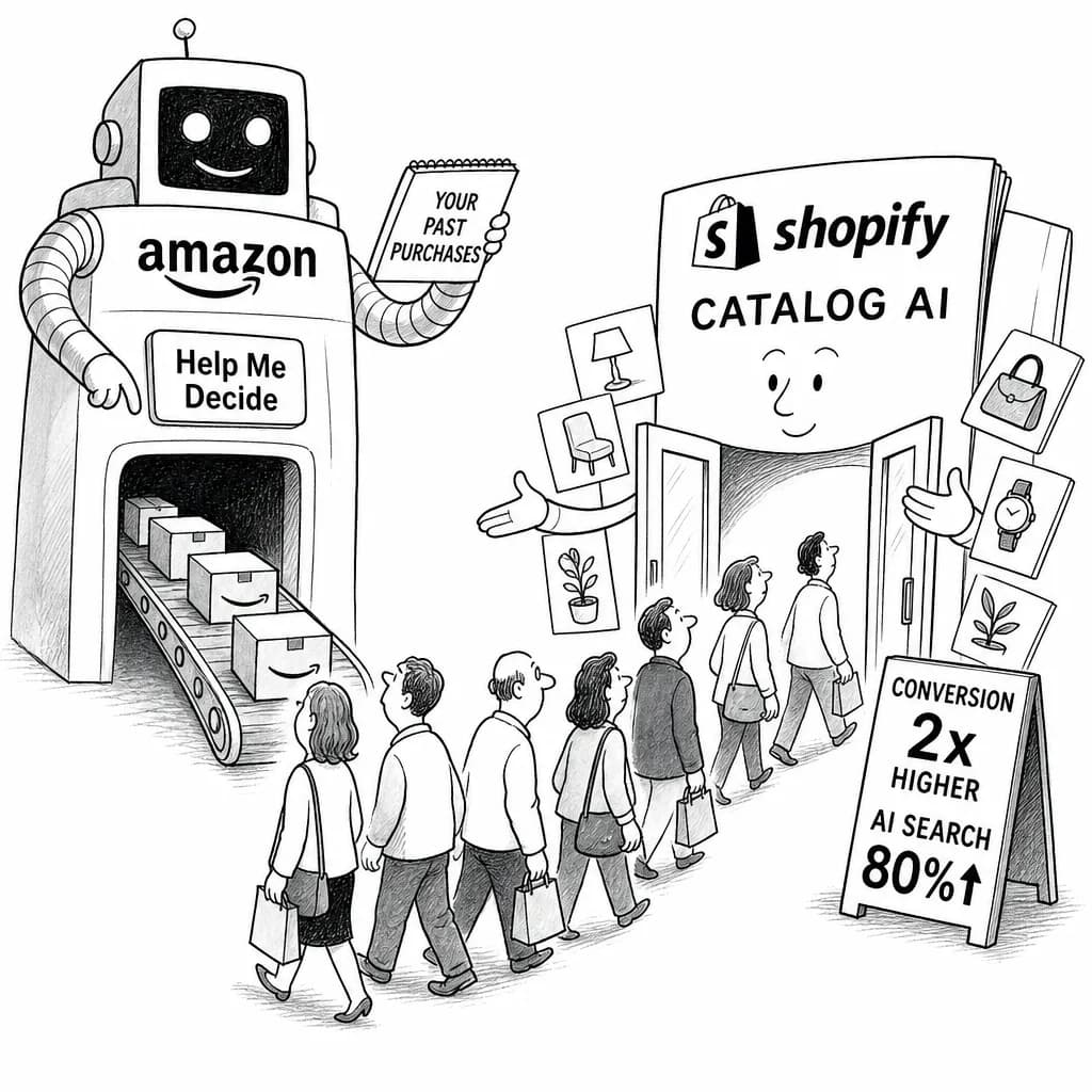 風刺画: AmazonのAI推薦「Help Me Decide」とShopifyカタログAI、商品発見でコンバージョン2倍——供給中心と需要中心、戦略対立が鮮明に