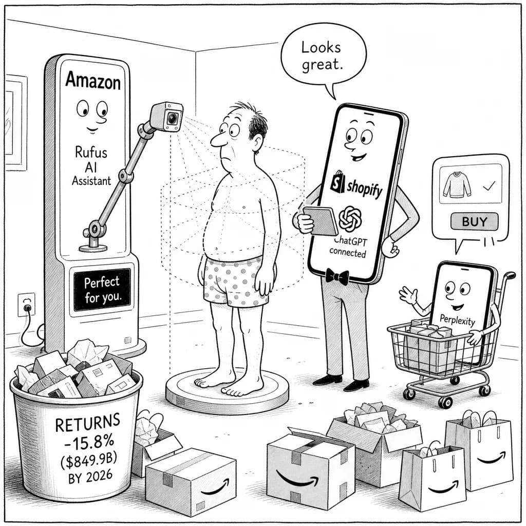 風刺画: Amazon・Shopify・AI連携で商品レコメンドが激変、2026年に仮想試着技術とチャット購入が本格普及