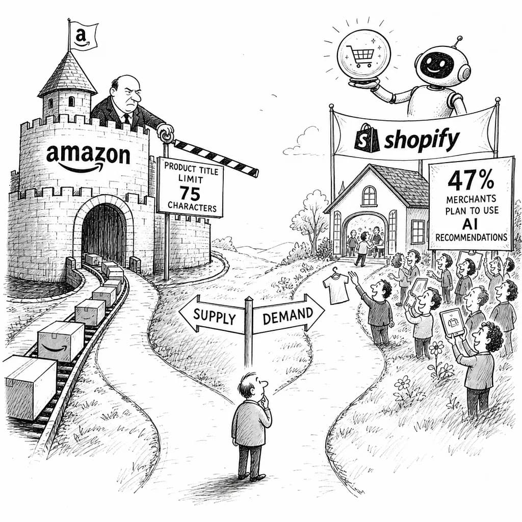 風刺画: Amazonは「供給」Shopifyは「需要」——AI商品レコメンドで分かれる戦略、2026年7月27日には商品名75文字制限も開始