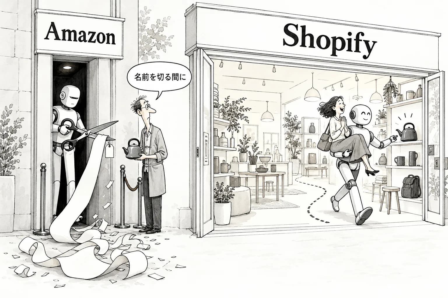 風刺画: AmazonとShopify、AIレコメンド巡り戦略分岐——商品名75文字制限とカタログ開放で明暗