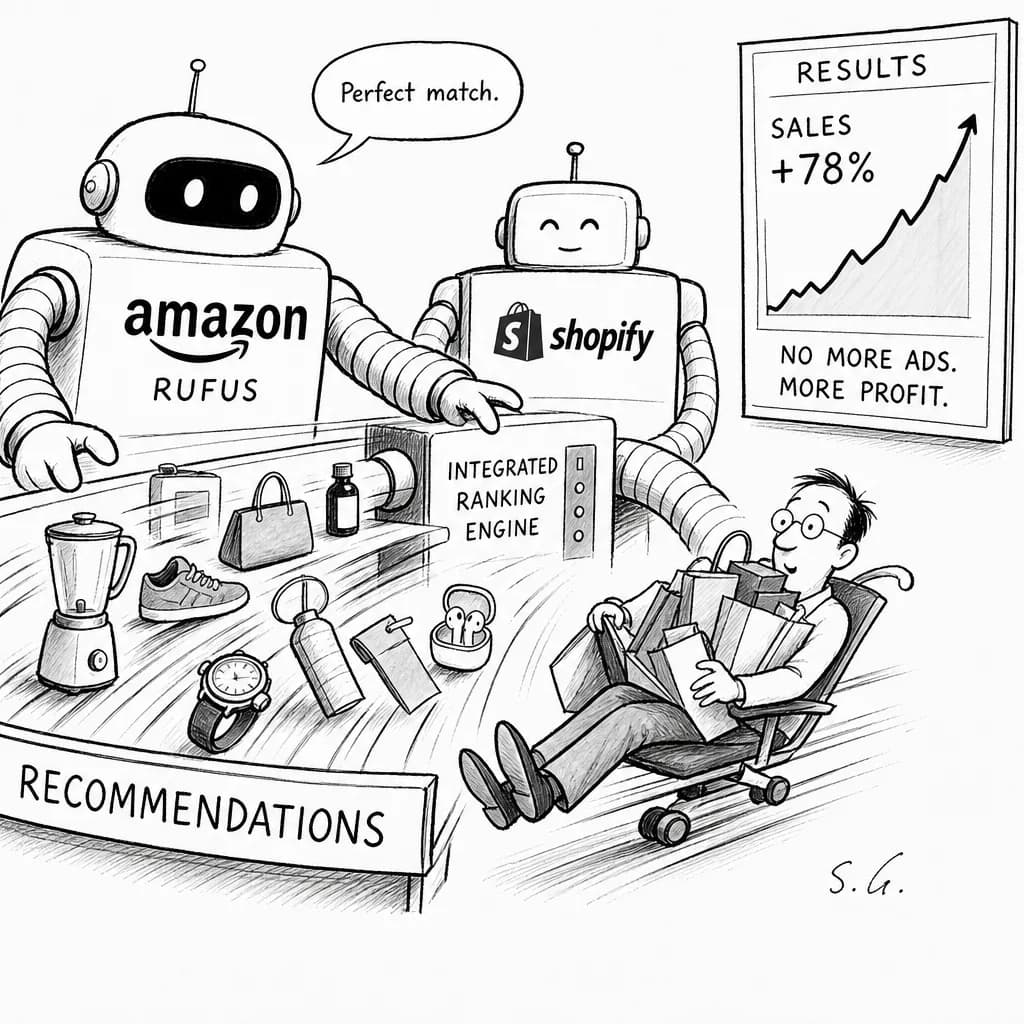 風刺画: AmazonとShopifyが主導するAI商品レコメンド革命:78%売上増を実現する統合ランキング技術