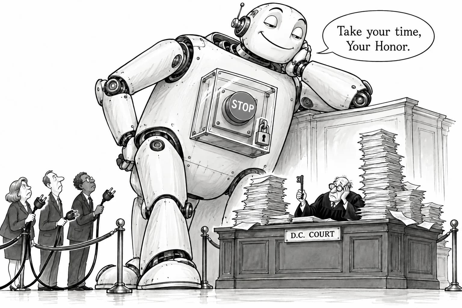 Editorial cartoon: Anthropic's draft AI safety bill reportedly leaves model shutdowns to a single federal judge and overrides state laws, drawing an "unacceptable" verdict from safety advocates