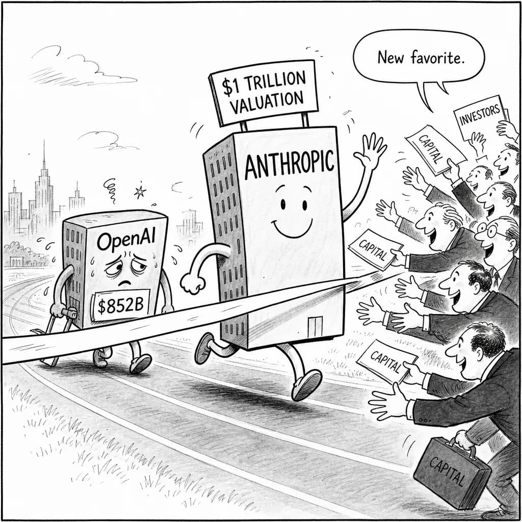 風刺画: Anthropic評価額1兆ドルでOpenAIを逆転、セカンダリー市場で激しい投資家争奪戦