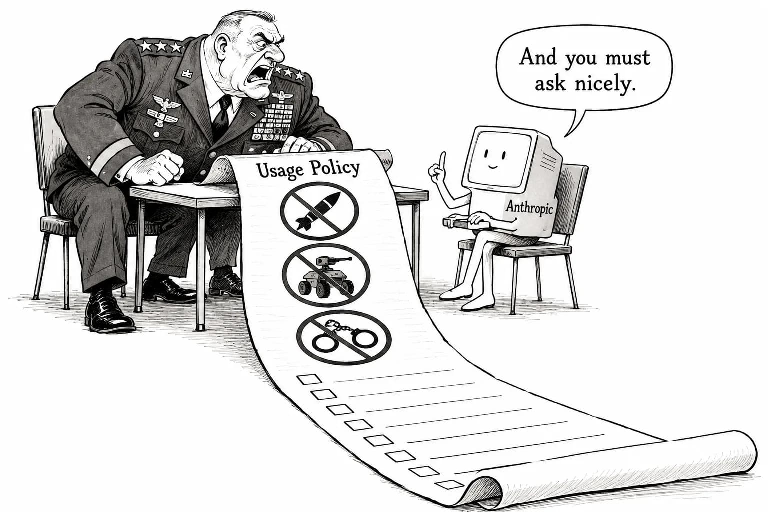 Editorial cartoon: Anthropic revises usage policy to ban weapons software, armed autonomous vehicles, arrest recommendations and abuse of its models