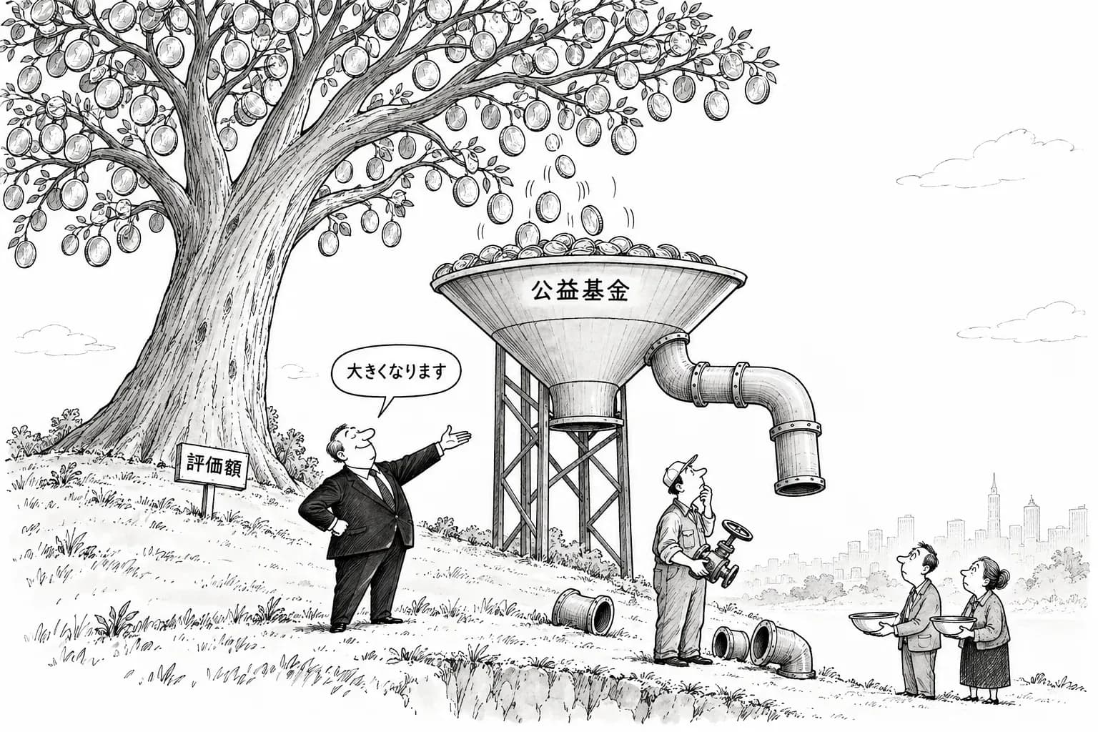 風刺画: Anthropic、株式5%で『Public Benefit Fund』を設立へ 評価額が5割上がるごとに2%を追加、既存の誓約と合わせ株式の約2割が公益に