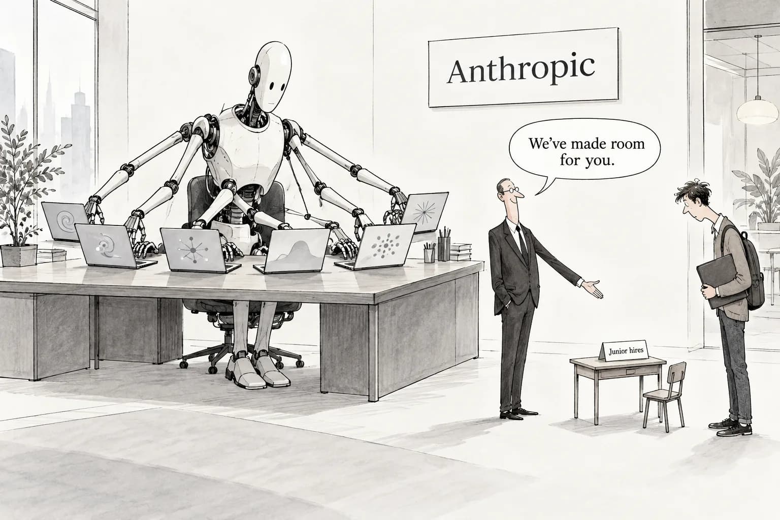 Editorial cartoon: Agents now work six times as many hours as humans at Anthropic, and junior technical hires fall from 27% to 9% as the lab puts numbers on its own workforce shift