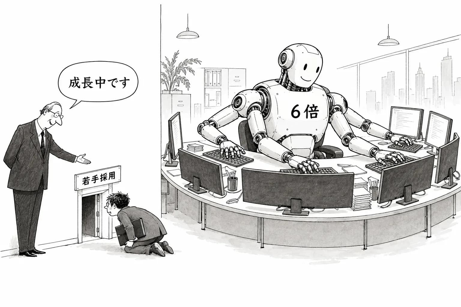 風刺画: Anthropic社内でエージェントの作業時間が人間の6倍に、若手の技術職の採用は27%から9%へ――ラボが自社の雇用の変化を数字で出した