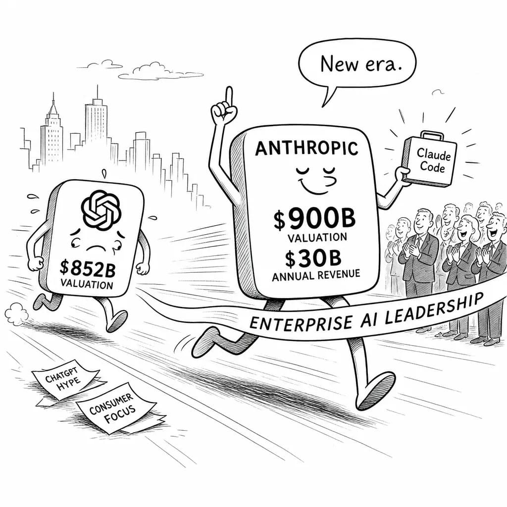 風刺画: Anthropic、9000億ドル評価額でOpenAIを抜き去る調達計画 年間収益300億ドルで勢力逆転