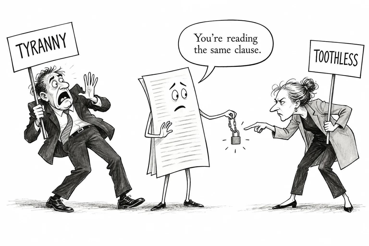 Editorial cartoon: Anthropic's draft bill draws fire from the AI ethics camp as AI Now's Khlaaf calls its "50 deaths, $1 billion in damage" threshold "authoritarian," while others dispute how the text should be read