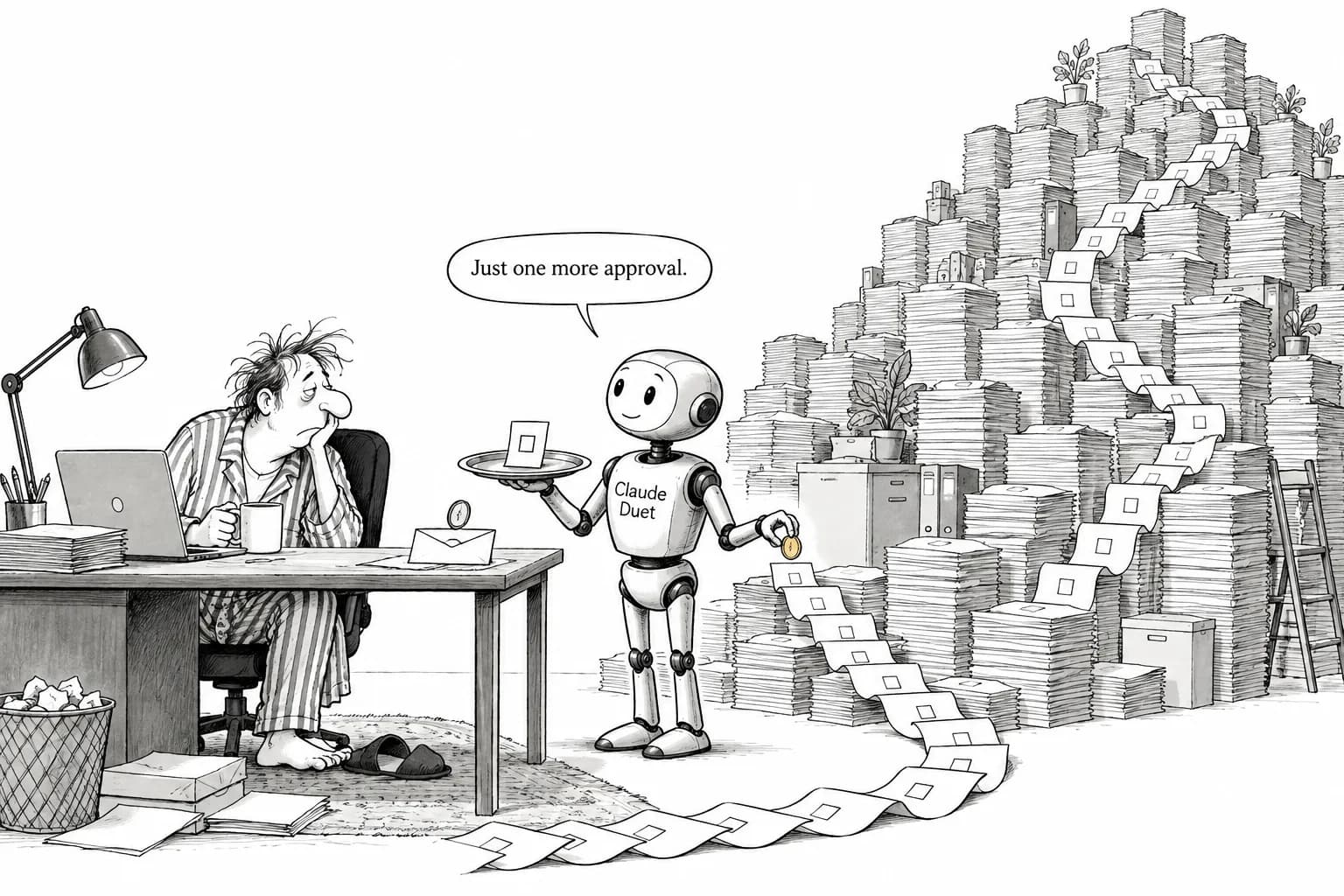 Editorial cartoon: Anthropic's new Claude Duet agent works ahead in the background, but always asks before money transfers, payments and deletions