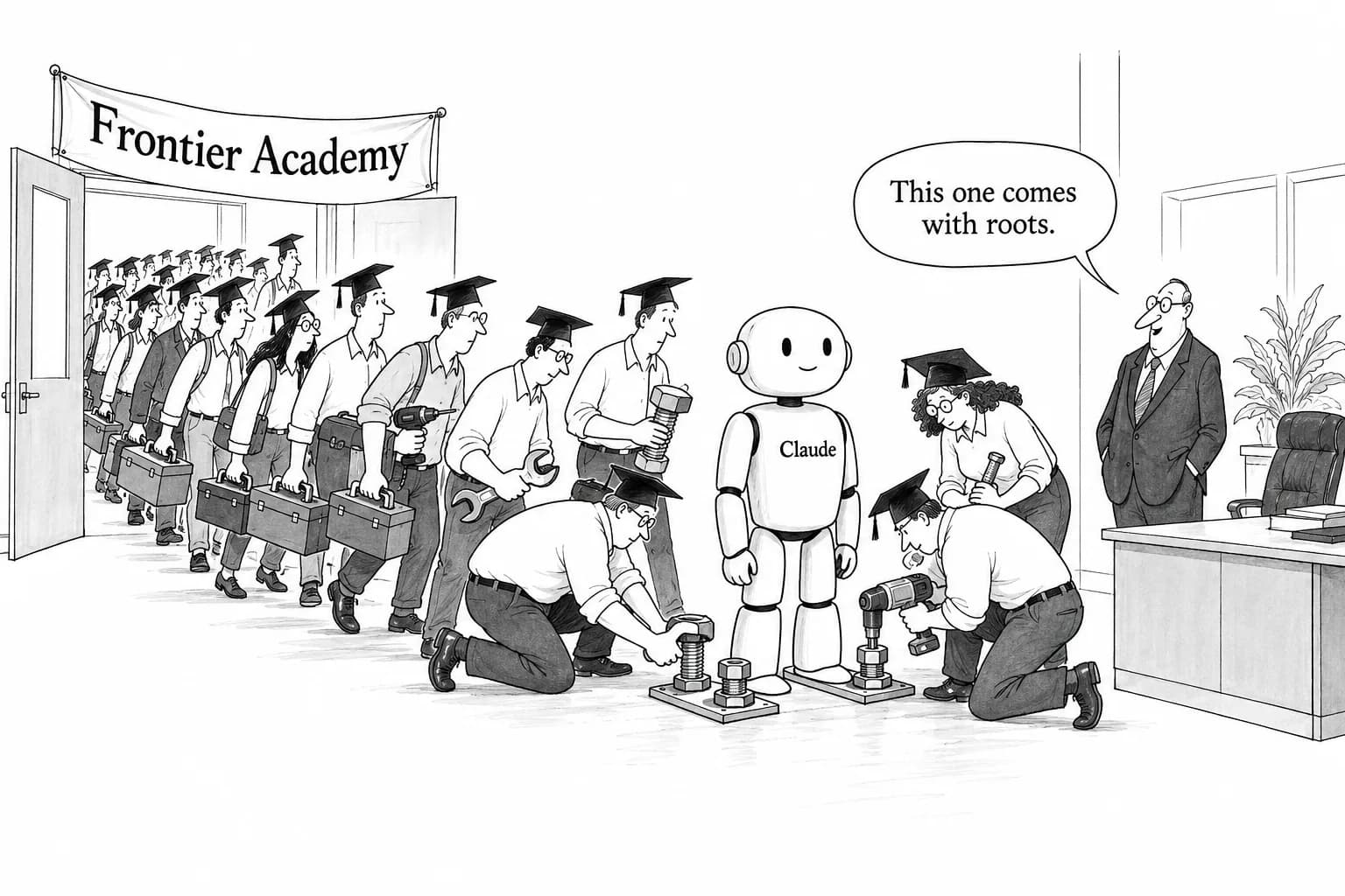 Editorial cartoon: Anthropic commits $100 million to 'Claude Frontier Academy' to train 10,000 engineers to deploy its models inside companies by end-2027