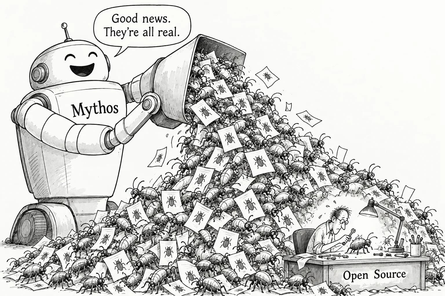 Editorial cartoon: Anthropic launches Cyber Mission: 11 companies join critical infrastructure defense, and Mythos scans open source for free with reports sent to maintainers without human review