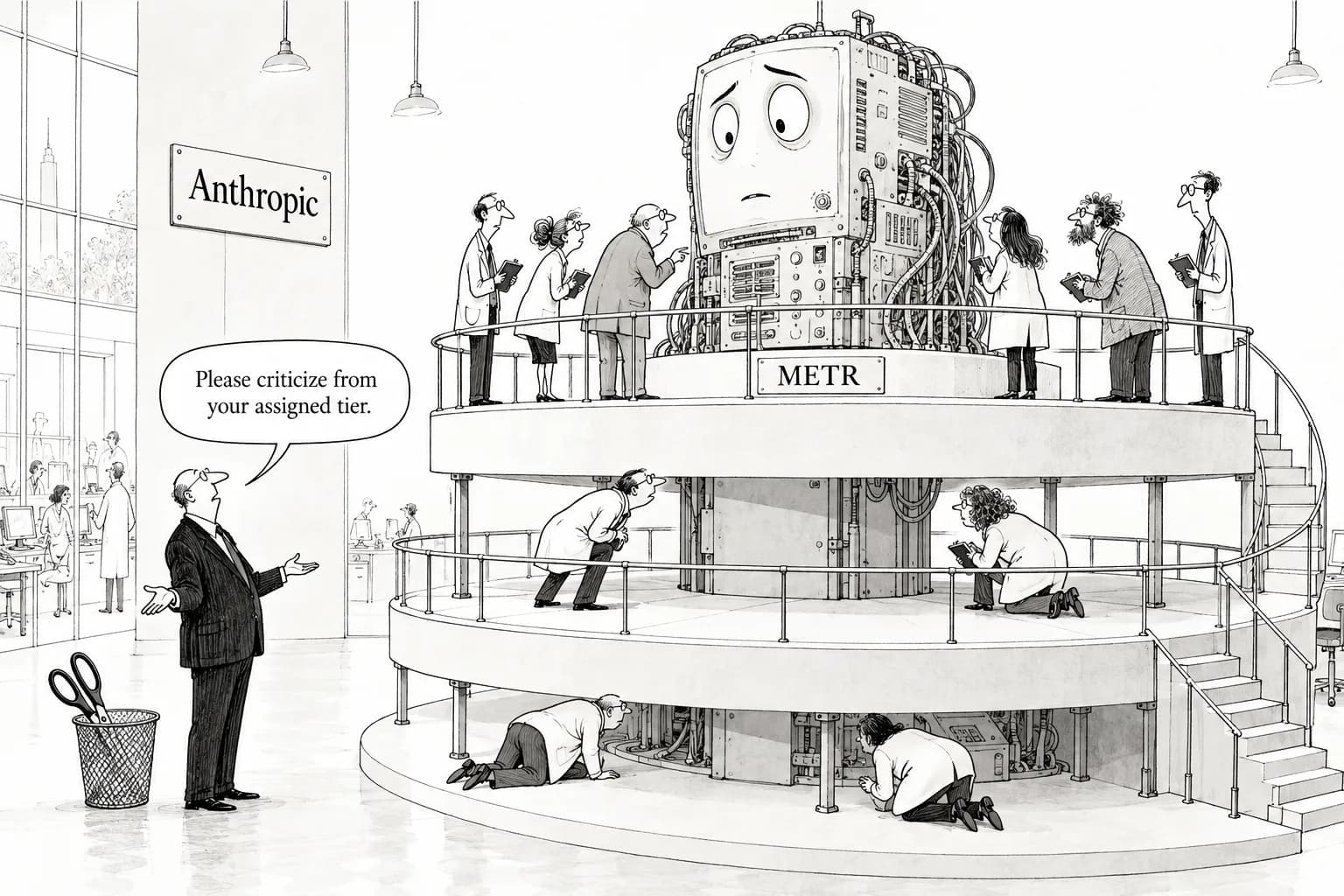 Editorial cartoon: Anthropic gives METR in-house-level access and gives up its veto over publication, sorting external evaluators into three tiers