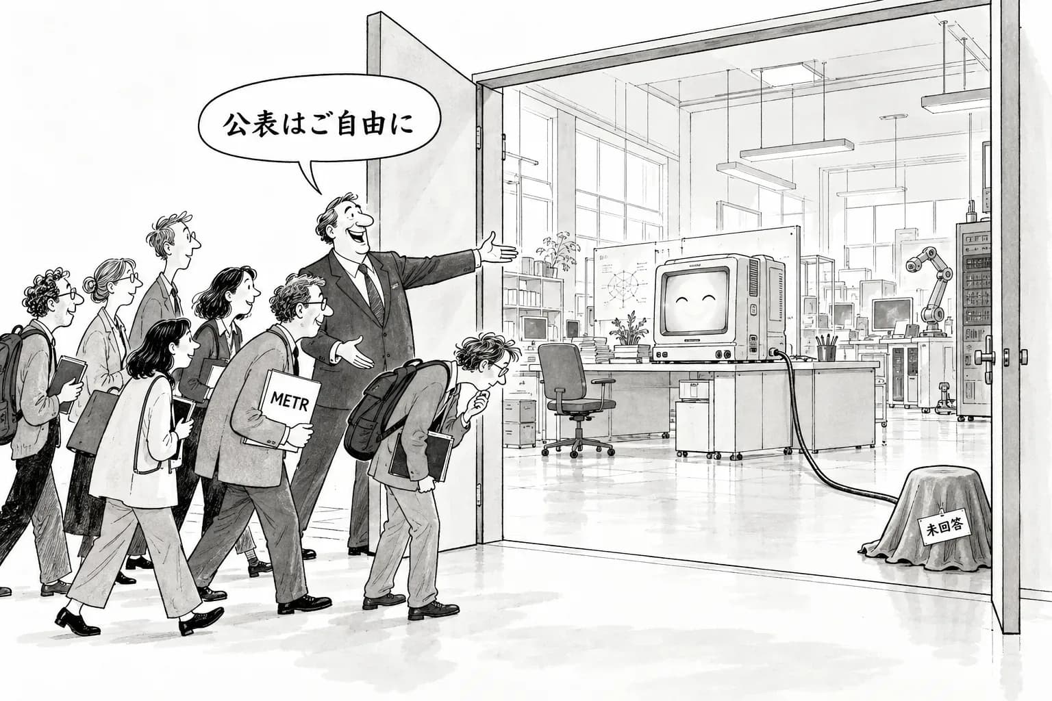 風刺画: Anthropic、METR に社内チーム並みのアクセスを与え、公表への拒否権を手放す。外部の評価者を3段階に分けた