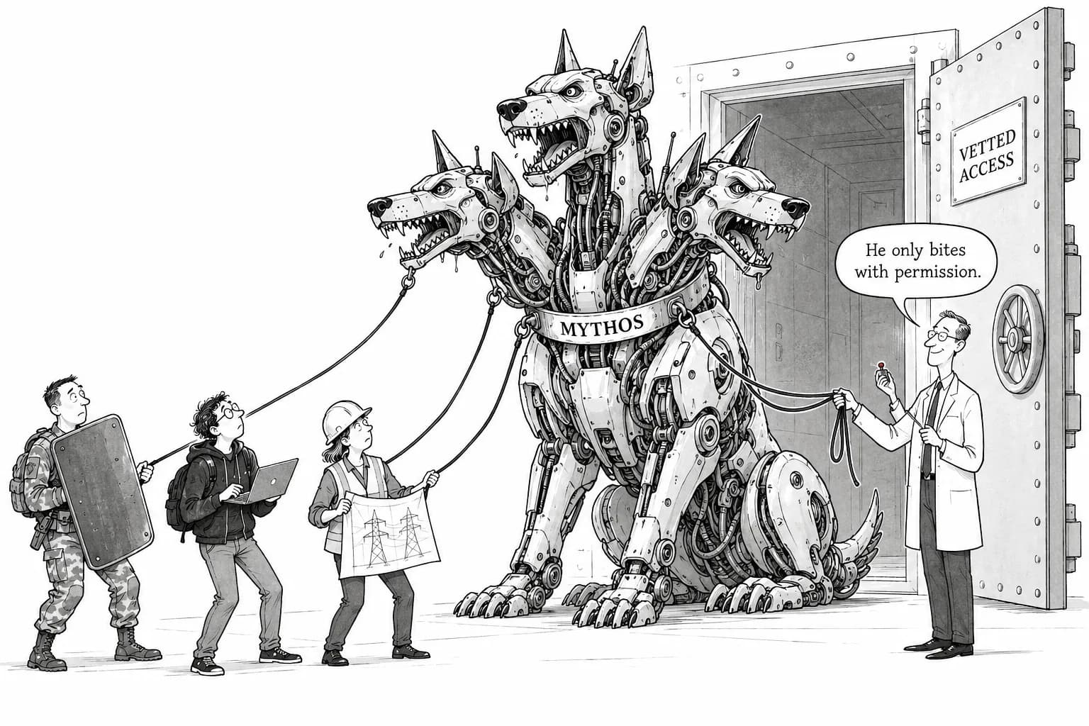 Editorial cartoon: Anthropic opens Mythos to vetted outside users for the first time, merging CVP with Glasswing into three tiers for defense, red teaming and critical infrastructure