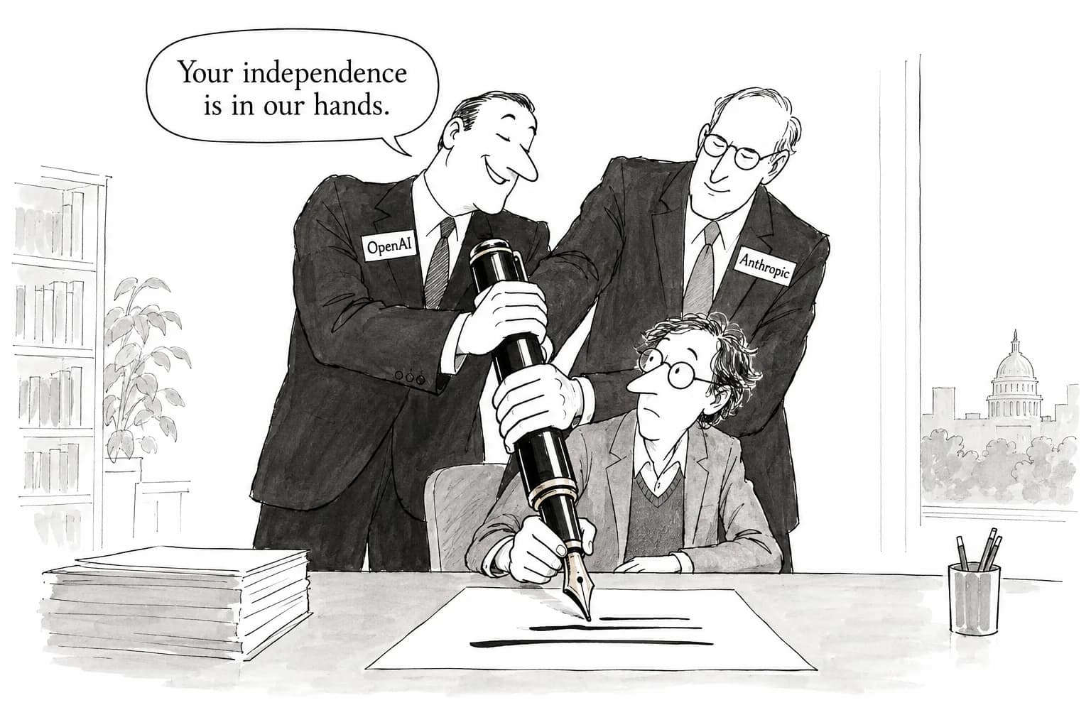 Editorial cartoon: Inside the fight over "independent" AI evaluations: Reuters reports Anthropic and OpenAI sought editorial control over resident evaluators' publications; Anthropic calls report "inaccurate"