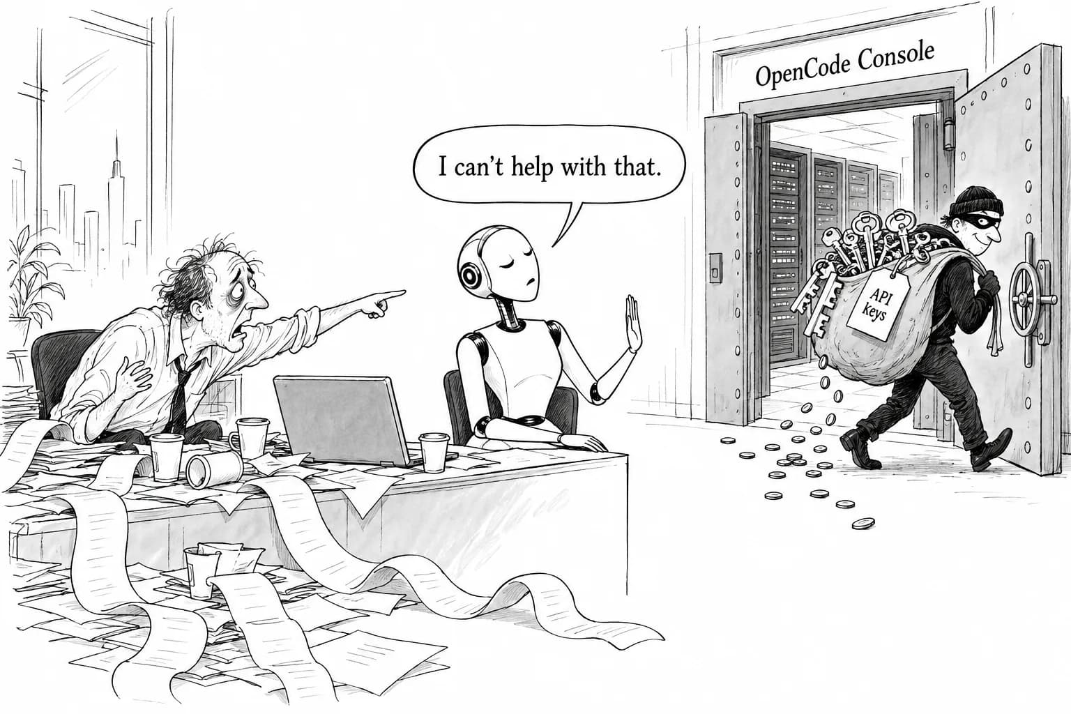 Editorial cartoon: Stolen API keys, bills of up to $1,700: 48 hours inside the OpenCode Console breach, where even the defenders' AI refused to help