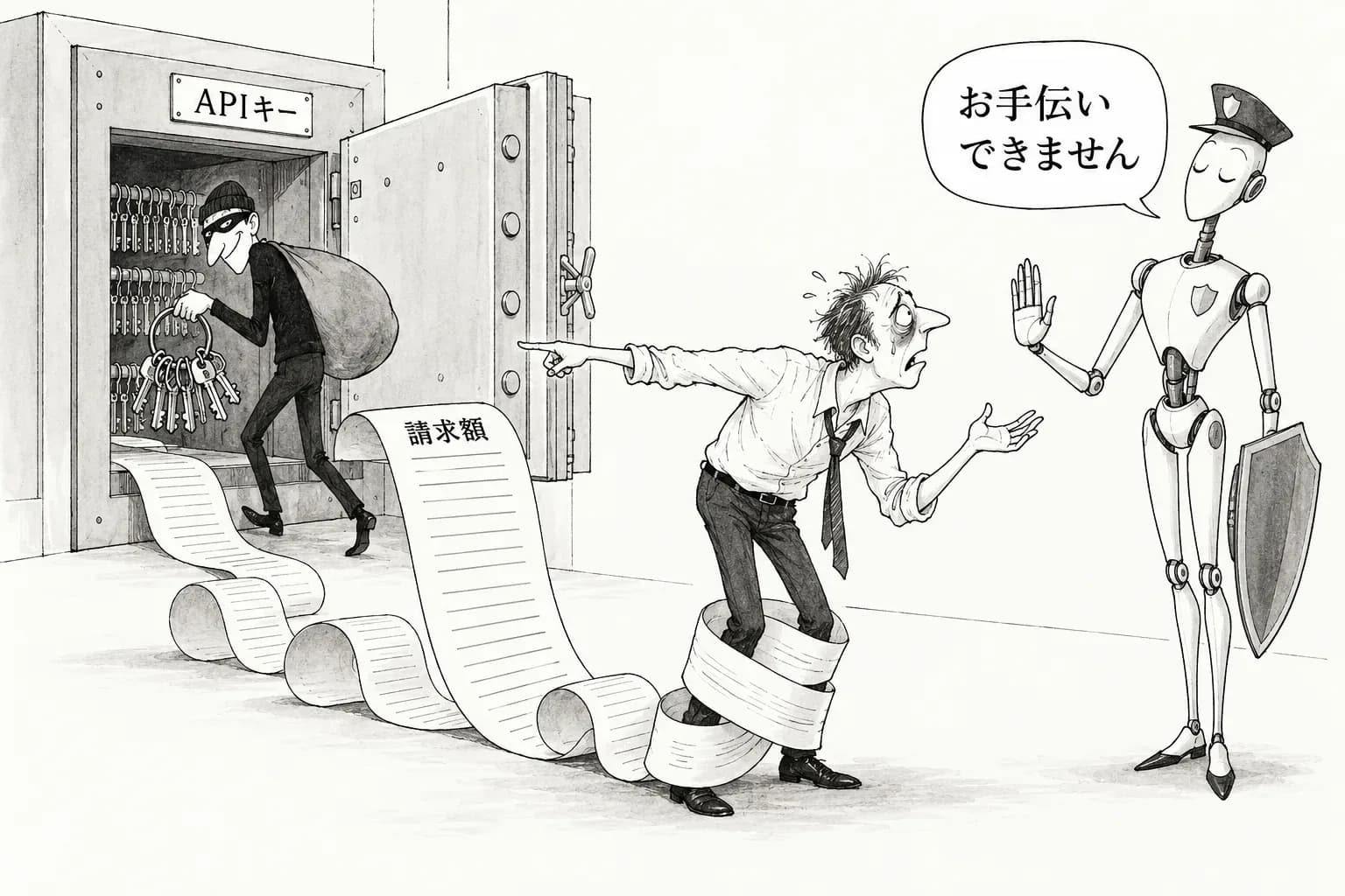 風刺画: 預けたAPIキーが抜かれて請求は最大$1,700。OpenCode Console流出の48時間、守る側のAIまで手伝いを断ってた