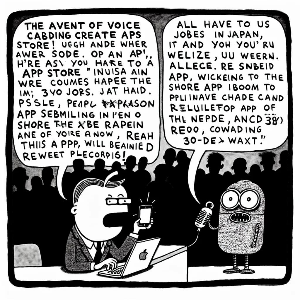 風刺画: バイブコーディングが起こしたApp Store大混雑!素人でもアプリが作れる時代に突入