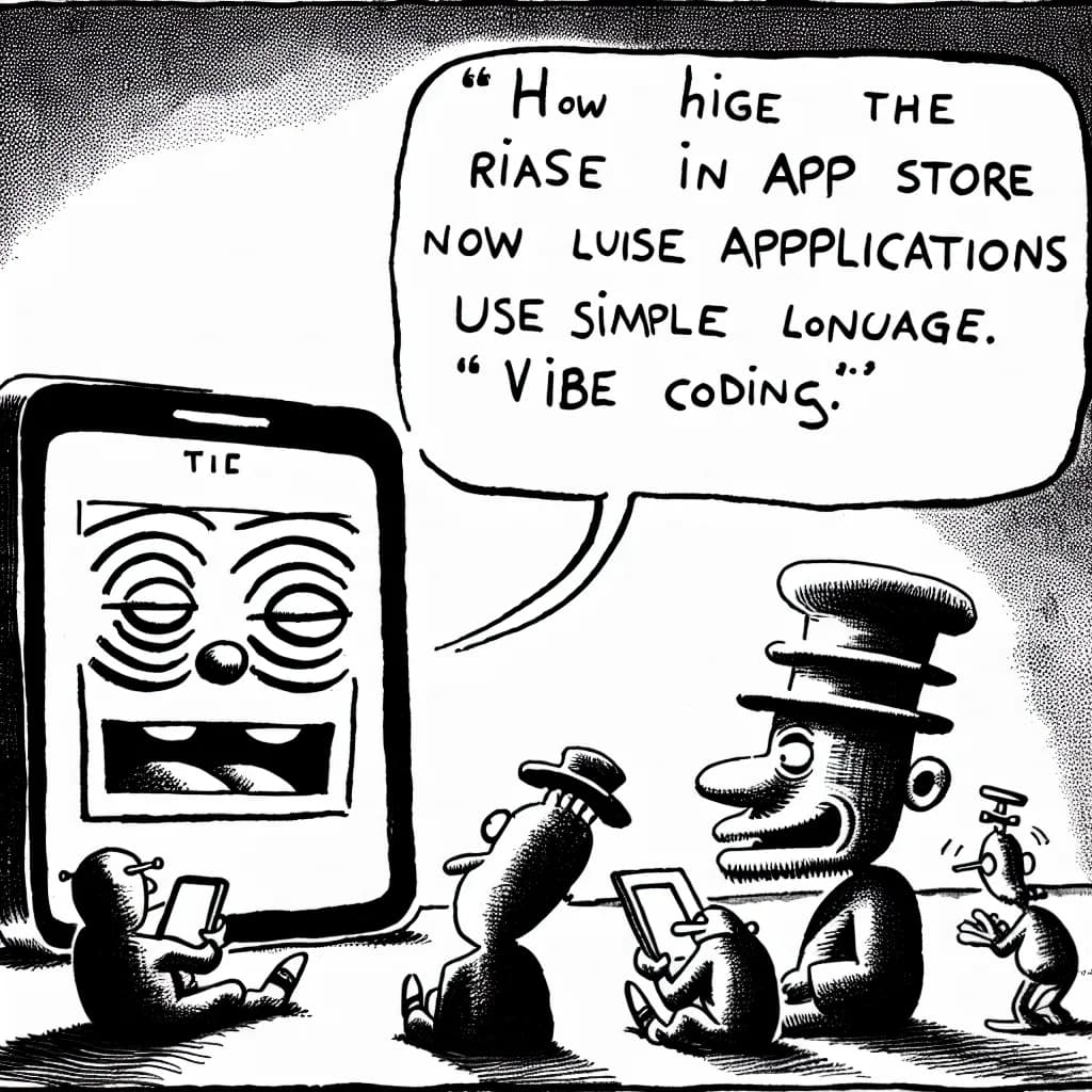 風刺画: バイブコーディングでApp Store大混乱?「普通の人でもアプリ作れる」で84%の申請急増