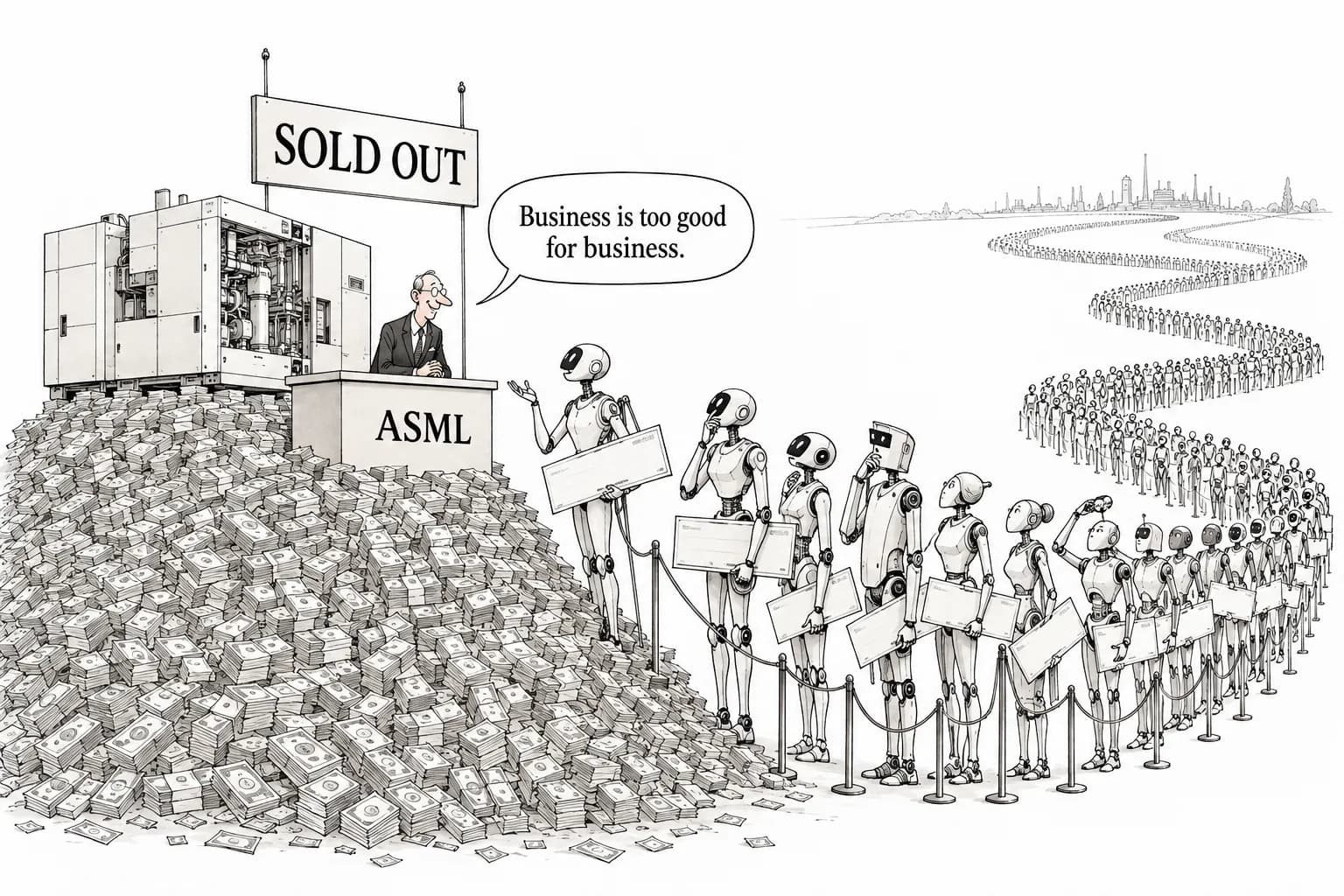 Editorial cartoon: ASML posts record €11.7 billion quarter but says 2027-28 supply "will not fully meet customer demand" — China share falls from 42% to 23%, ADR slips 2.5% on CPI selloff