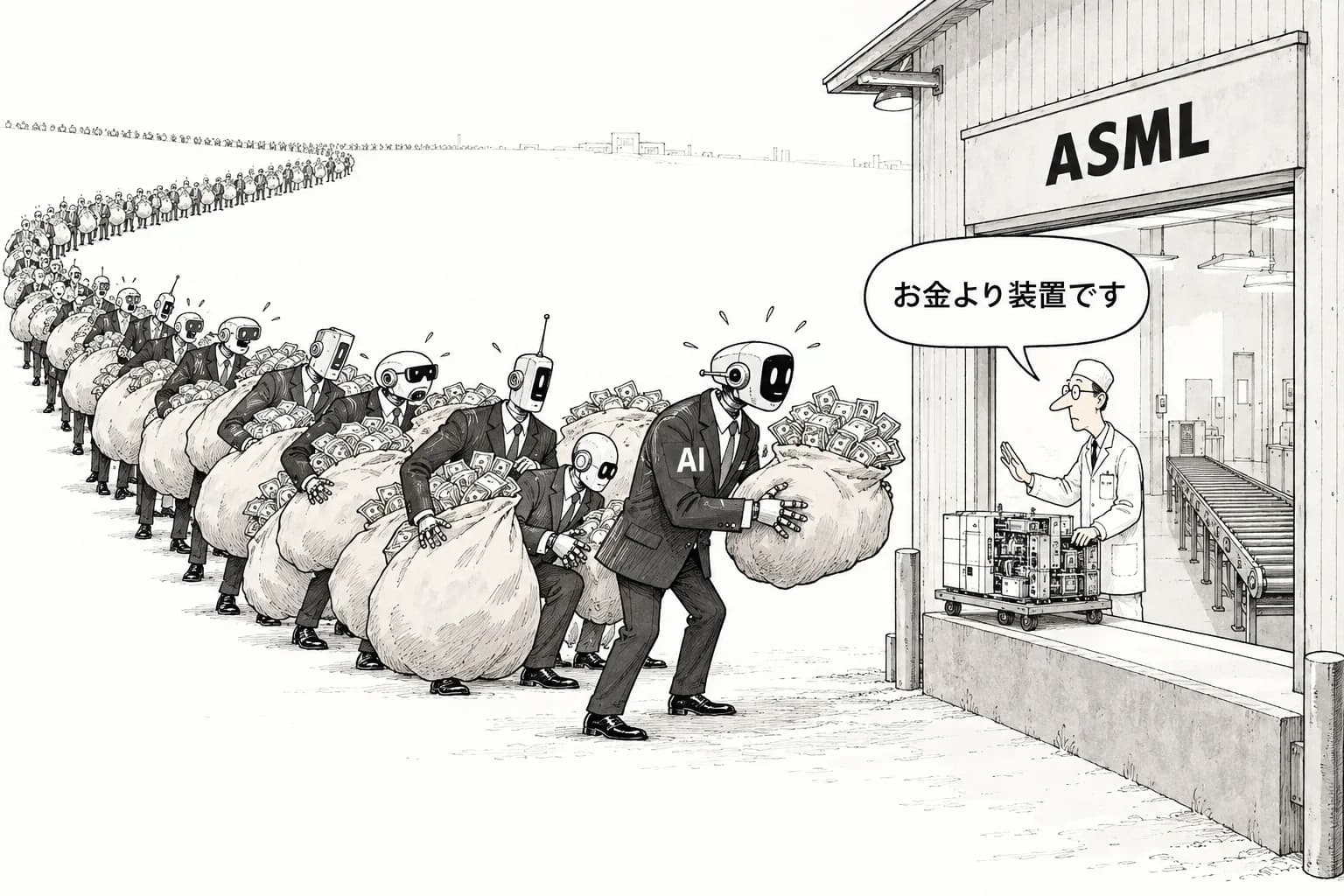 風刺画: ASML、過去最高の117億ユーロでも「2027〜28年の供給は需要に届かない」——中国比率は42%から23%へ、CPI の売りで ADR は−2.5%
